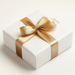 Square white present with a gold ribbon and bow on top