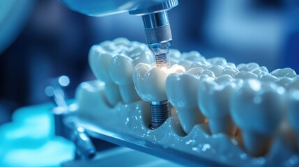 Close up of dental implant procedure on model jaw. Shiny metal tool adjusting tooth replacement in bright light. Blue tone medical background.