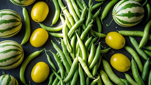 BEAUTIFUL FRESH ORGANIC VEG DISPLAY, NESTLED AMONG RUNNER BEANS.