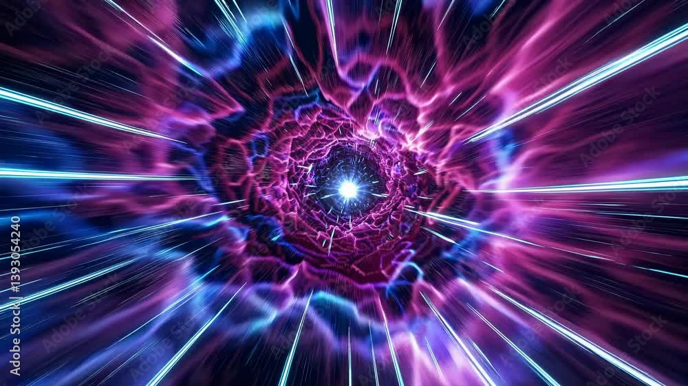 Poster dynamic video concept of a cosmic wormhole with a central glowing core. captured from a first-person