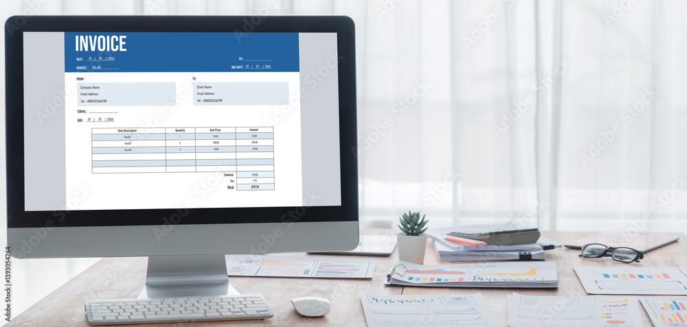 Poster invoice on computer screen from accounting application. computer program for financial and budget of