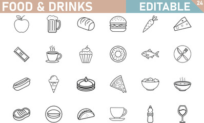 Editable Food and Drinks Icon Set Apple, Burger, Pizza, Beer