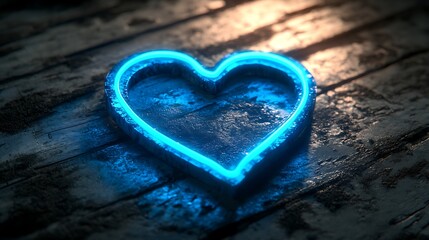 A Glowing Blue Neon Heart Displayed on Rustic Wooden Surface