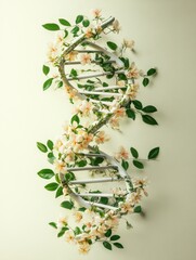 Blooming flowers and leaves create a double helix DNA strand symbolizing organic evolution and the beauty of natures intricacies