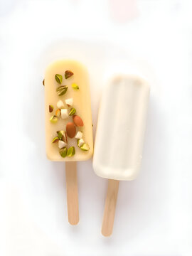 Creamy Kulfi Ice Cream Sticks with Nuts on White Background