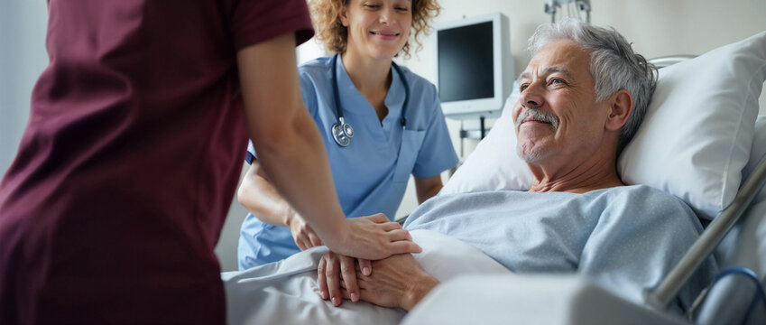 Touching hospital scene with a senior man. The family member is holding his hand with care. Human connection vibe