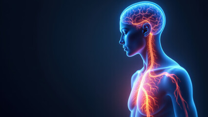 Illustration of human head with highlighted VNS device and nerve pathway.