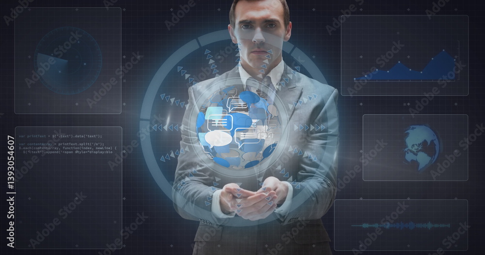 Poster image of scope scanning and data processing over businessman holding globe