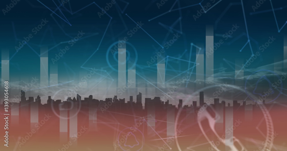 Poster image of network of connections with icons and data processing with cityscape in background