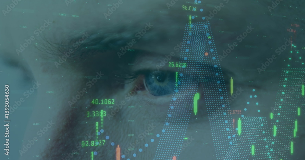 Poster image of statistics and data processing over man's eye in background