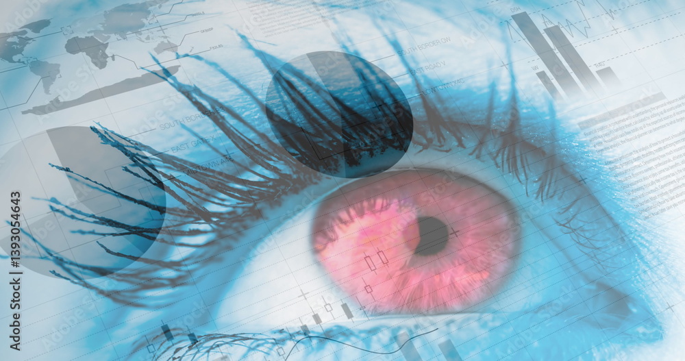 Poster image of statistics and data processing over woman's eye in background