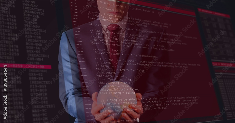 Poster image of data processing on screens over businessman holding globe