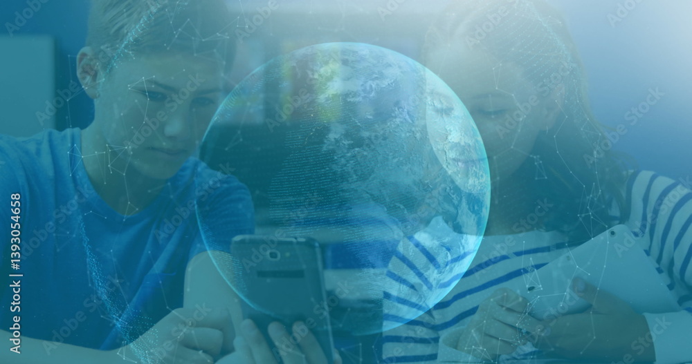 Poster image of network of connections and globe over school children using smartphone in background