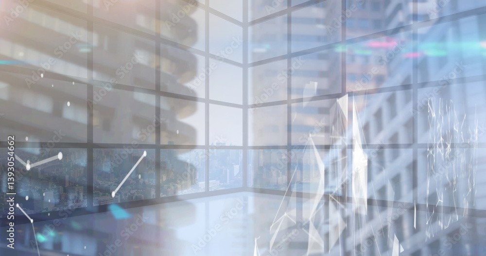 Poster image of network of connections over empty offices and cityscape