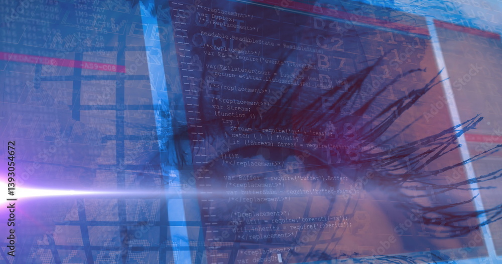 Poster image of airport flight display and data processing over woman's eye in background