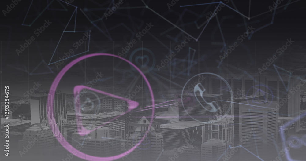 Poster image of digital icons and networks of connections over cityscape in background