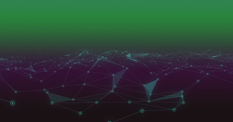 Image of network of connections over green to purple background