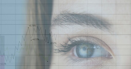 Image of statistics and data processing over woman's eye in background