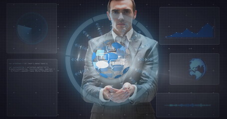 Image of scope scanning and data processing over businessman holding globe