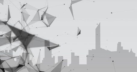 Image of network of connections over grey cityscape on white background