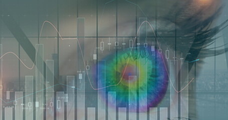 Image of statistics and data processing over woman's eye in background