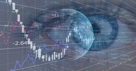 Image of globe and financial data processing over woman's eye in background