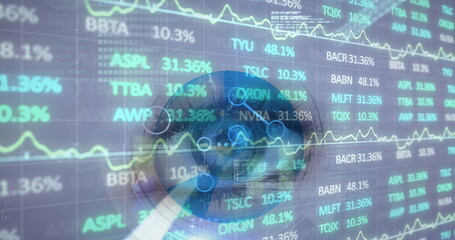 Image of financial data processing over woman's eye in background