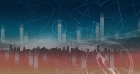 Image of network of connections with icons and data processing with cityscape in background