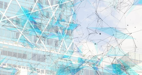 Image of network of connections over modern office building in background