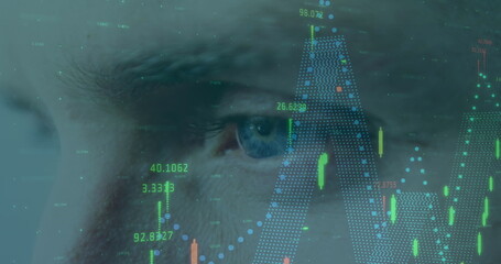 Image of statistics and data processing over man's eye in background