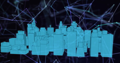 Image of network of connections over 3d blue city model on blue background