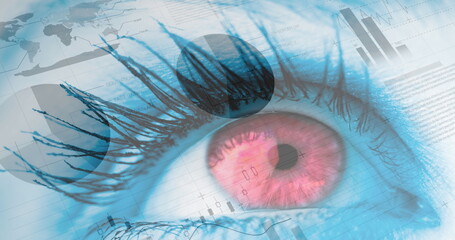 Image of statistics and data processing over woman's eye in background