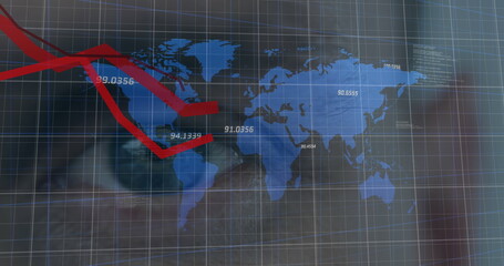 Image of red lines recording over world map and man's eye in background