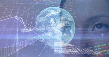 Image of globe and data processing over woman's face in background