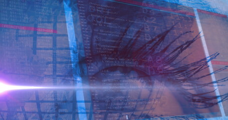 Image of airport flight display and data processing over woman's eye in background