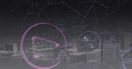 Image of digital icons and networks of connections over cityscape in background