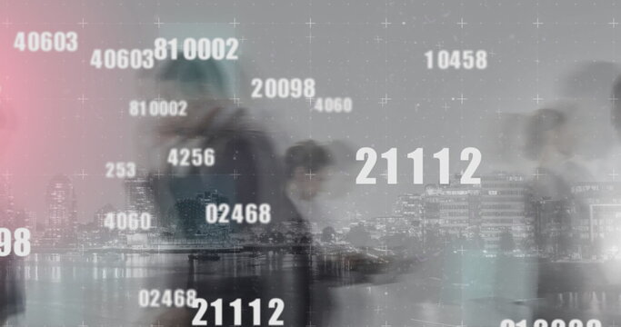 Image of numbers changing, data processing over people walking fast over cityscape