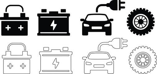 Electric Vehicle Batteries And Tires Black And White Icon Set