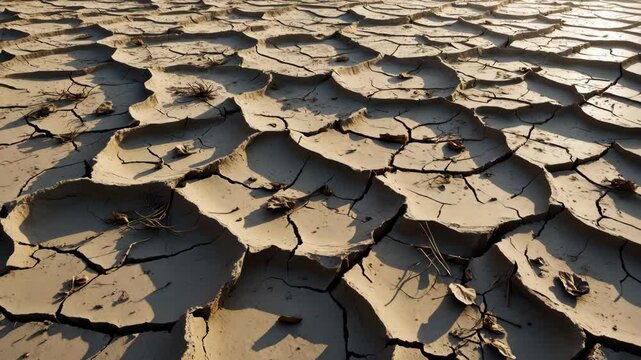 Close-up of cracked clay on a dried-up lake. Highlighting the problems of drought and the depletion of water sources.