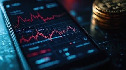 Obraz premium Phone screen shows stock market chart with downward trend near stack of golden coins on dark surface. Finance investment and digital currency shown.