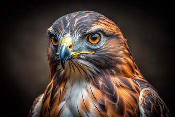 Obraz premium A Majestic RedTailed Hawk Takes Flight Stunning CloseUp Portrait of a Powerful Bird of Prey Emerging from Shadow