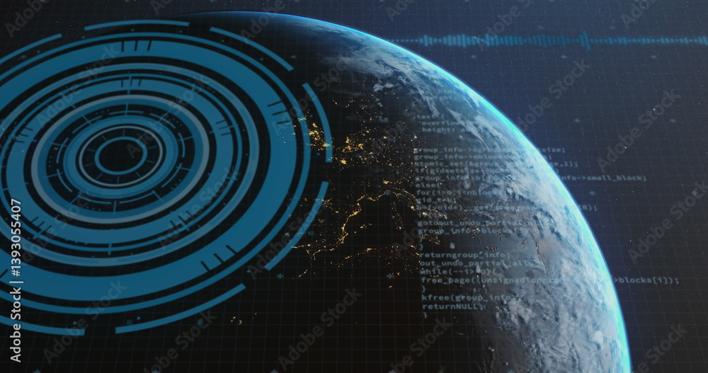 Poster image of data processing and scanning over earth seen from space