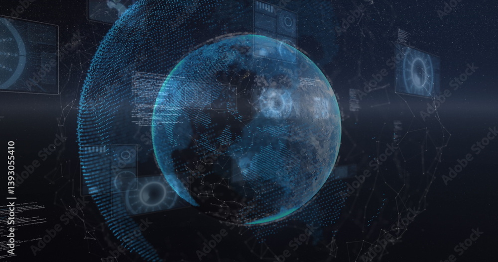 Poster image of data processing and scanning over earth seen from space