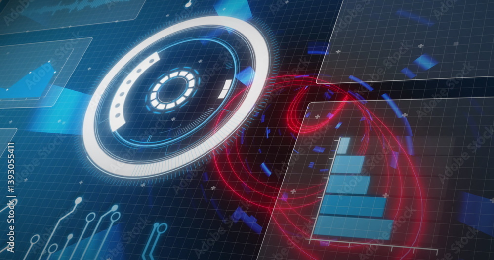 Poster image of luminous tunnel over digital screen with grid and data charts