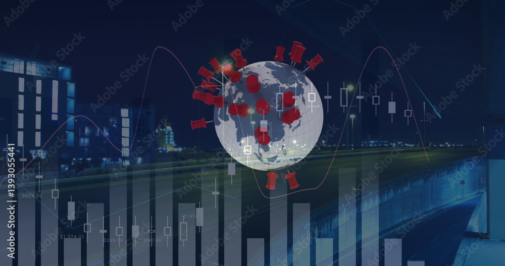 Poster image of financial data processing over location pins on globe and cityscape