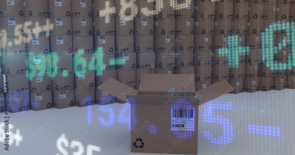 Poster image of financial data processing over stacked cardboard boxes