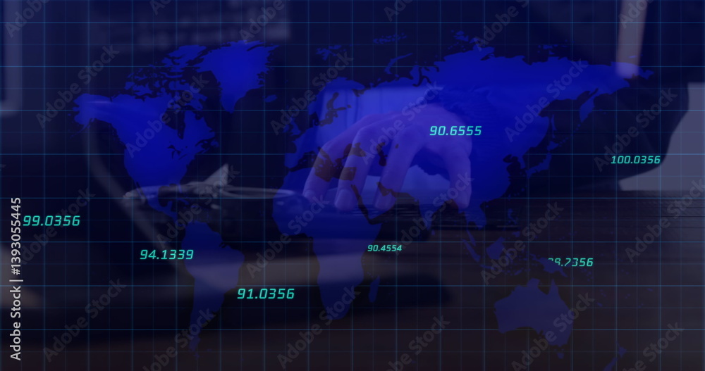 Poster multiple numbers floating over world map against person typing on keyboard