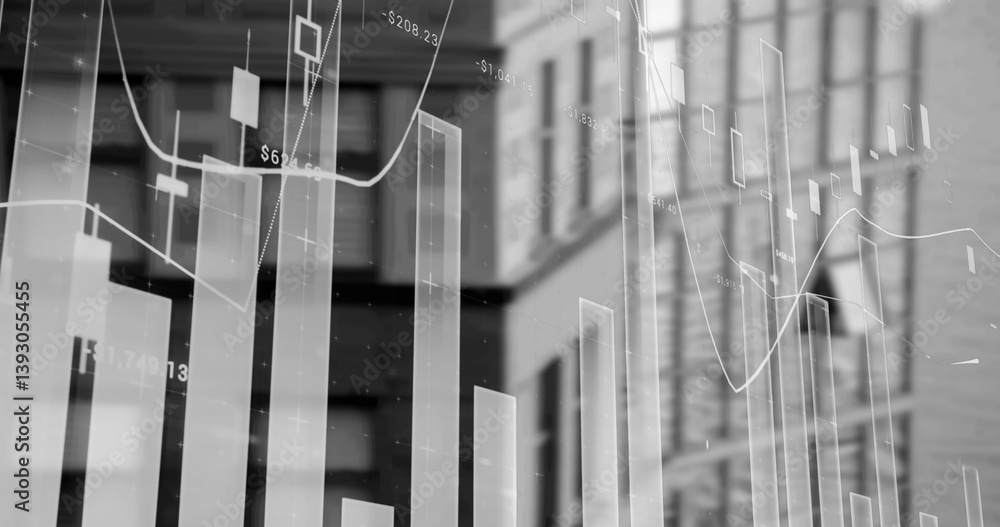 Poster financial and statistical data processing against tall buildings in background