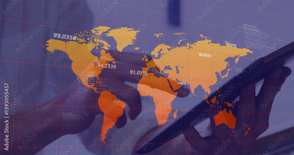 Poster multiple numbers floating over world map against mid section of person using digital tablet