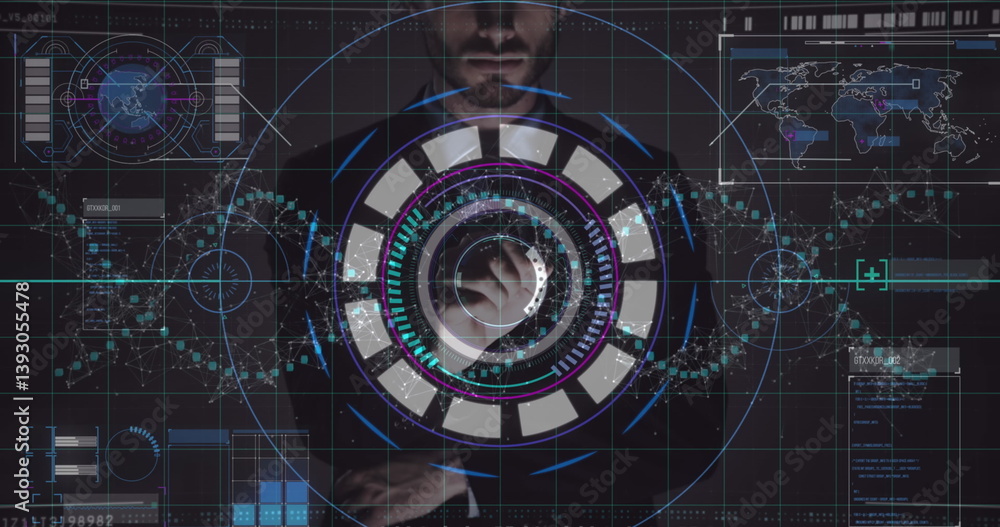 Poster data processing and scope scanning over caucasian man touching futuristic screen